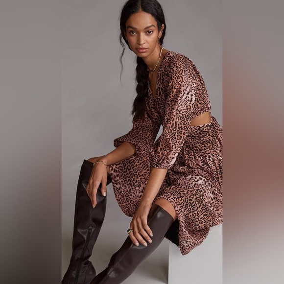 ANTHROPOLOGIE Ranna Gill Leopard Print Midi Dress Puffed Sleeves Size Medium - Picture 4 of 17